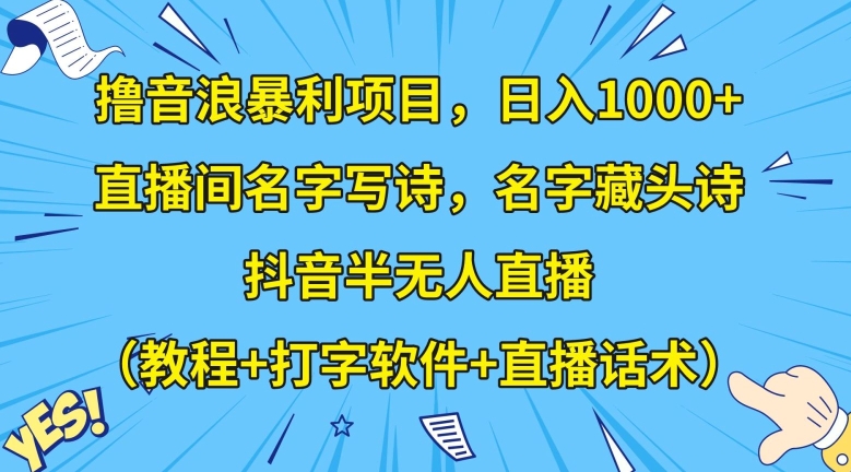 撸音浪暴利项目，日入1000 ，直播间名字写诗，名字藏头诗，抖音半无人直播（教程 打字软件 直播话术）【揭秘】